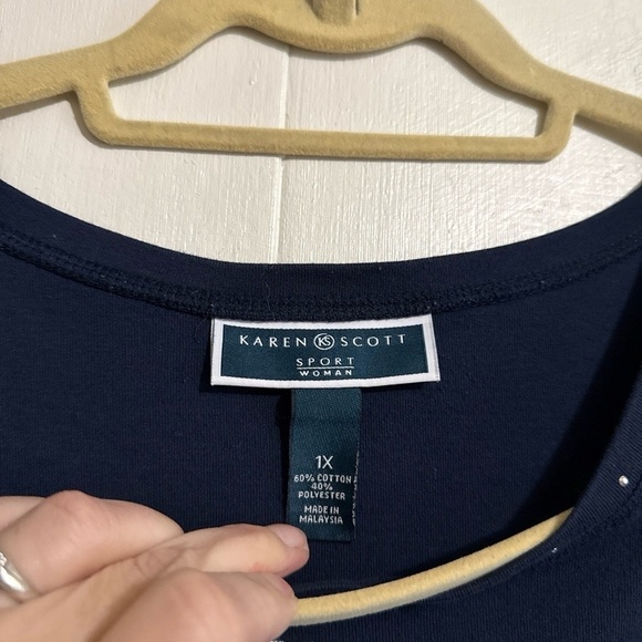 Karen Scott Top Womens 1X Plus Navy Multi Floral Graphic 3/4 Sleeve Striped - Picture 3 of 4